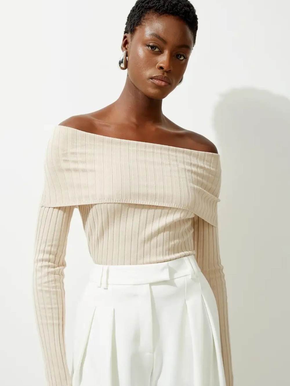 Karen Millen XS Off Shoulder Knit Sweater Quiet Luxury Balletcore Neutral Beige
